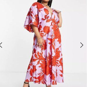 NWT Plus Wrap Dress Batwing Sleeve Satin Midi Dress in Red & Lilac Floral